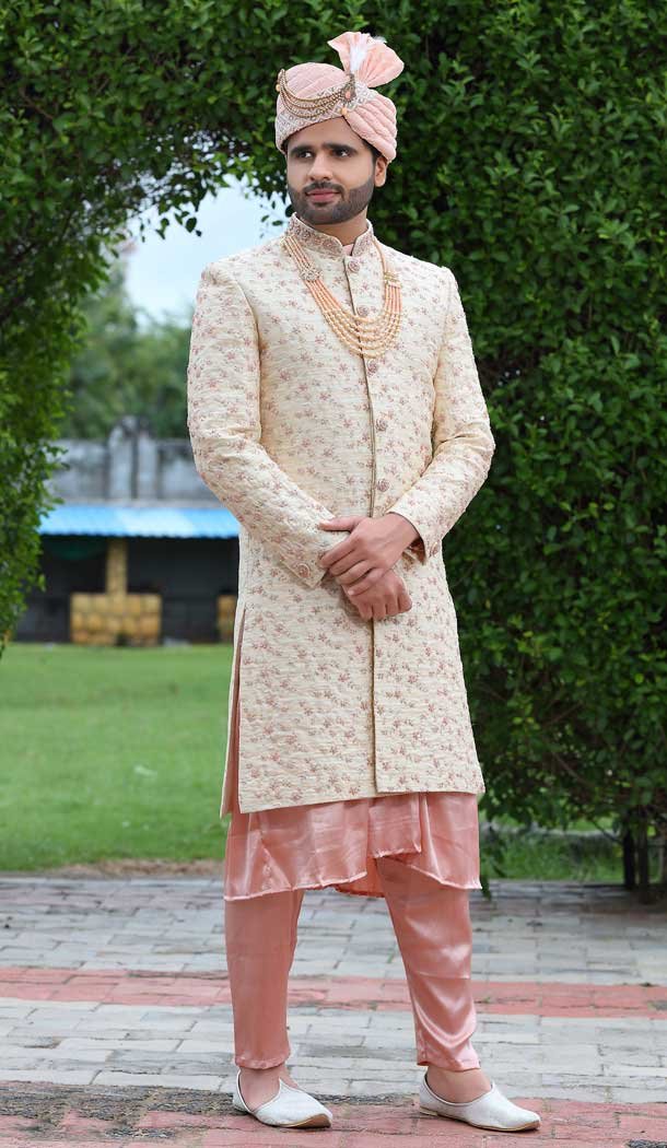 Soft Art Silk Cream Color Embroidery Work Wedding Wear Men's Sherwani -4667156523