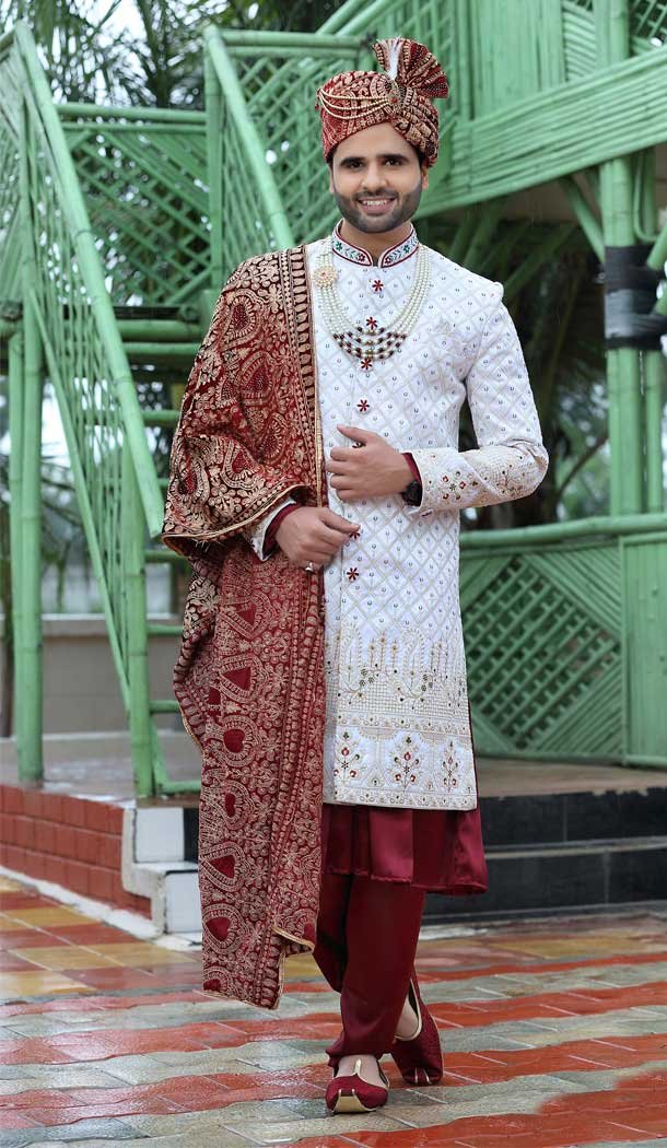Wedding Wear White Color Soft Art Silk Embroidery Work Men s Sherwani 4667156528 Heena Style