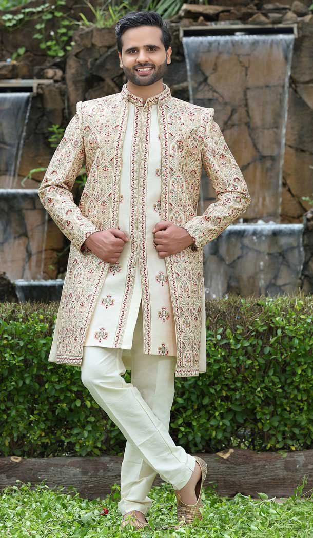 Soft Art Silk Embroidery Work Cream Color Wedding Wear Men's Sherwani -4667156530