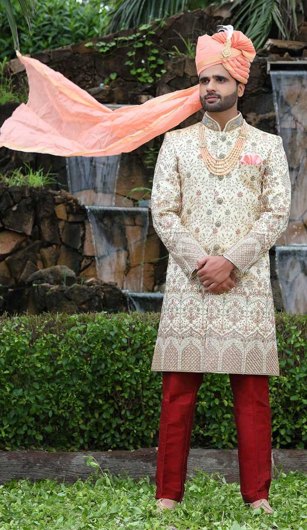 Soft Art Silk Embroidery Work Cream Color Wedding Wear Men's Sherwani -4667156536