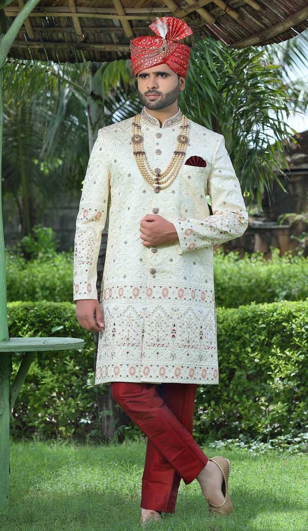 Soft Art Silk Cream Color Embroidery Work Wedding Wear Men's Sherwani -4668156542