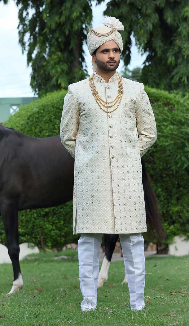 Rust Color Embroidery Work Soft Art Silk Wedding Wear Men's Sherwani -4668156554