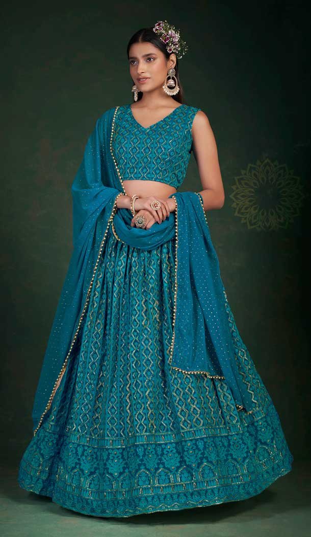 Rama Blue Color Georgette Thread And Zari Work Designer Wear Lehenga Choli -4669156569