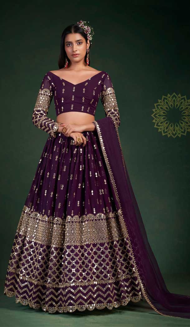 Wine Color Georgette Zari And Gota Work Designer Wear Lehenga Choli -4669156570