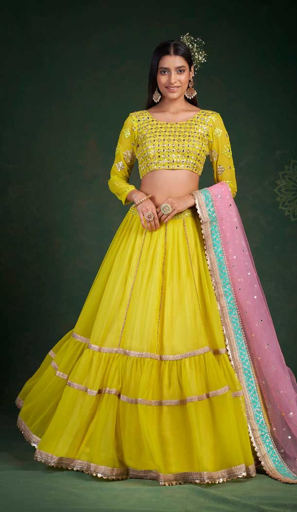 Lime Yellow Color Georgette Zari And Sequence Work Designer Wear Lehenga Choli -4669156571