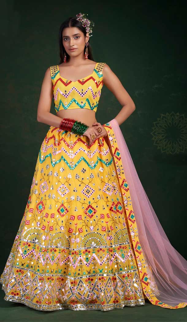 Yellow Color Georgette Thread And Gota Work Designer Wear Lehenga Choli -4669156572