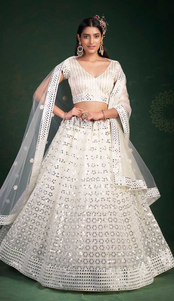 White Georgette Thread & Sequence With Gota Work Designer Wear Lehenga Choli -4669156573