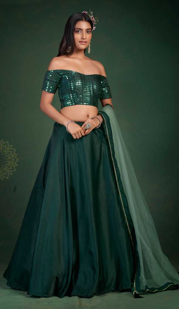 Green Color Georgette Sequins Work Designer Wear Lehenga Choli -4669156574