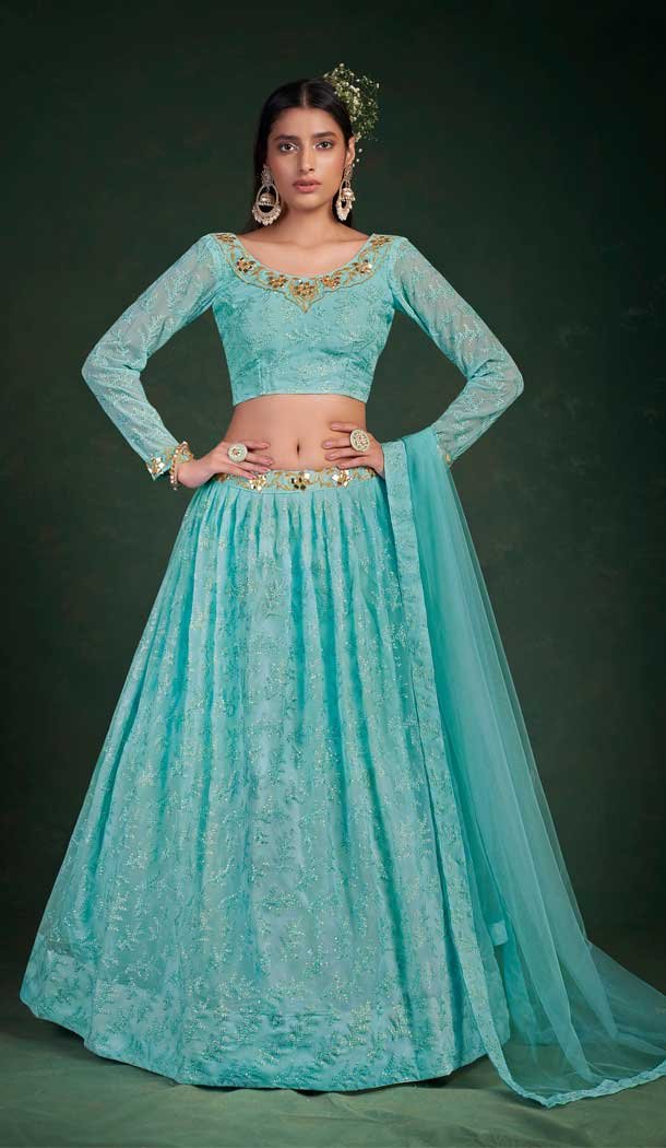 Sky Blue Color Georgette Thread And Zari Work Designer Wear Lehenga Choli -4669156575