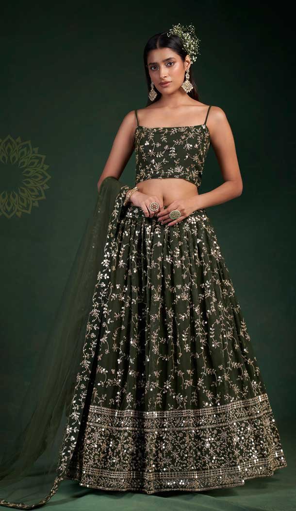 Designer Wear Green Color Georgette Zari And Sequence Work Lehenga Choli -4669156576