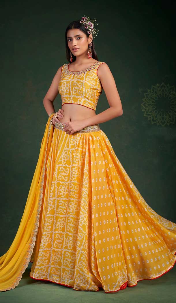 Designer Wear Yellow Color Chinon Printed, Dork Work Lehenga Choli -4669156577