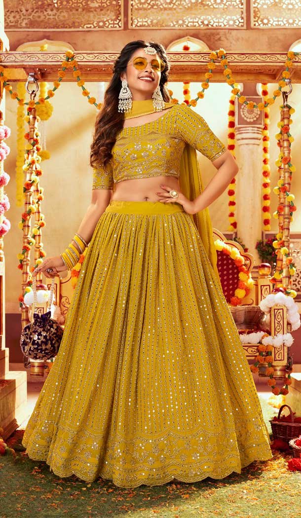 Yellow Faux Georgette Embroidery Work Traditional Wear Lehenga Choli -4676156619