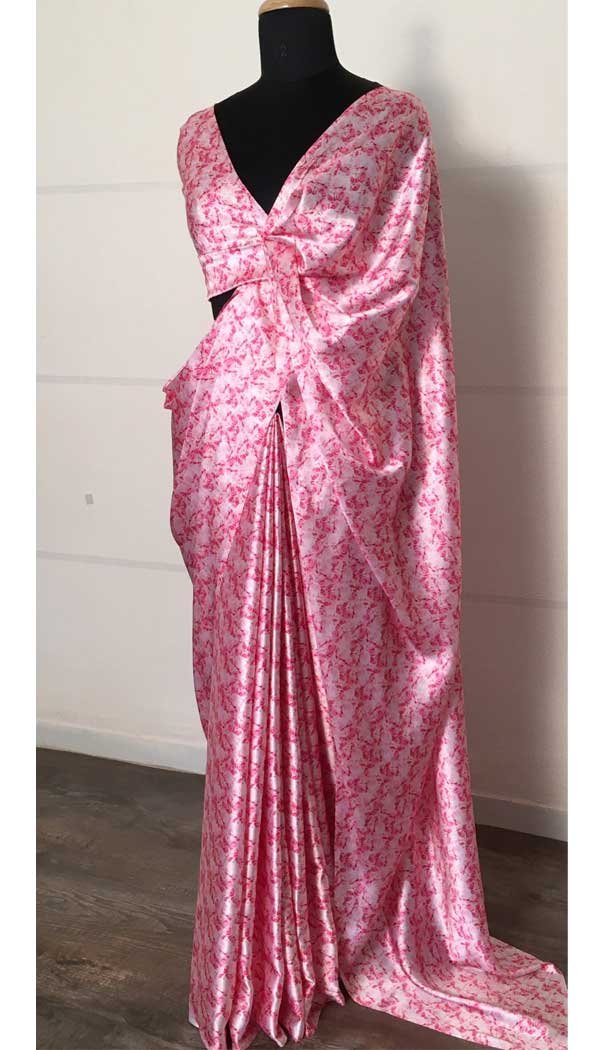 Baby Pink Color Japan Satin Silk Printed Work Casual Party Wear Saree - 4685156676