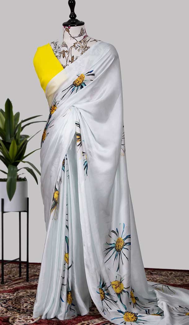 White Color Japan Satin Silk Printed Work Casual Party Wear Saree -4685156685