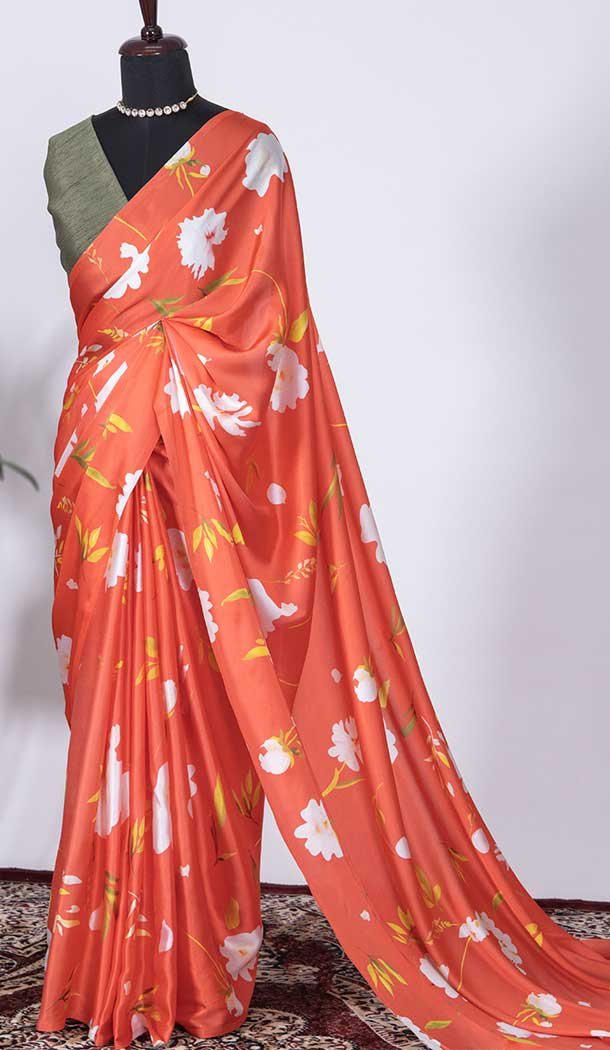 Orange Color Japan Satin Silk Printed Work Casual Party Wear Saree -4685156688