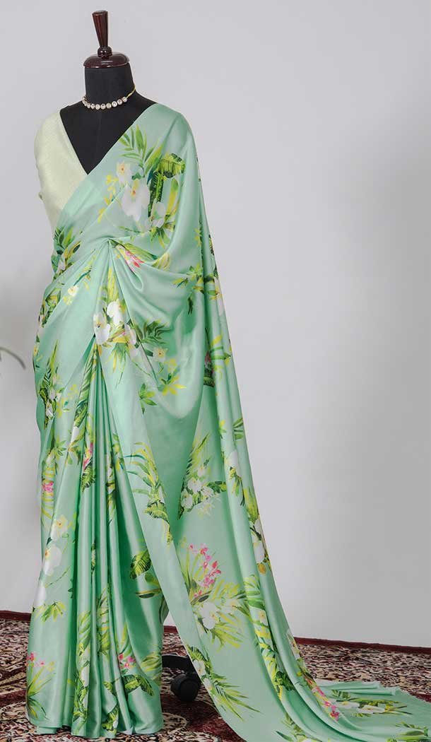 Pista Color Japan Satin Silk Printed Work Casual Party Wear Saree -4685156690