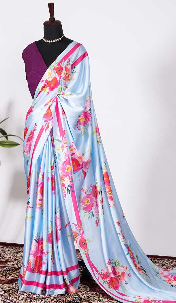 Sky Blue Color Japan Satin Silk Printed Work Casual Party Wear Saree -4685156691