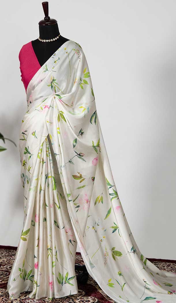 Japan Satin Silk Off White Color Printed Work Casual Party Wear Saree -4685156692