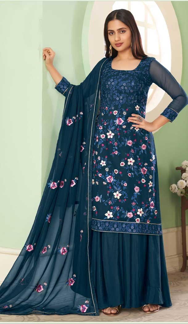 Party Wear Teal Blue Color Georgette Embroidery Work Palazzo Salwar Suit -4688156714