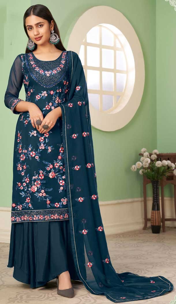 Teal Color Georgette Embroidery Work Party Wear Palazzo Salwar Suit -4688156716