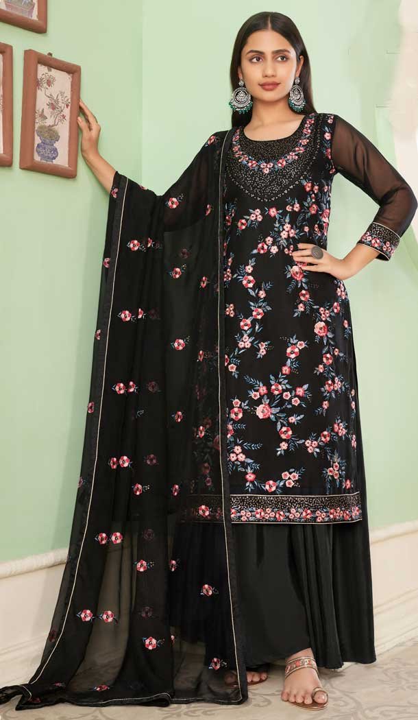 Georgette Embroidery Work Black Color Party Wear Palazzo Salwar Suit -4688156718