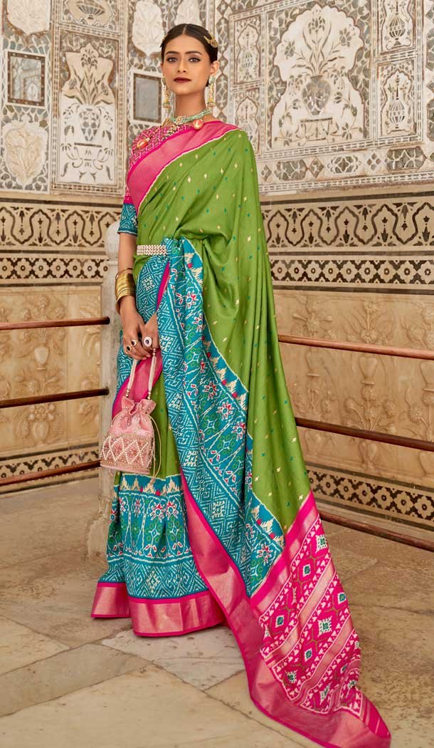 Light Green Color Patola Silk Print Work Traditional Casual Wear Saree Blouse -4595155798