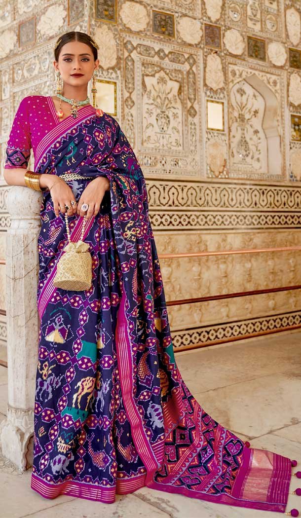 Blue Color Patola Silk Print Work Traditional Casual Wear Saree Blouse -4595155803