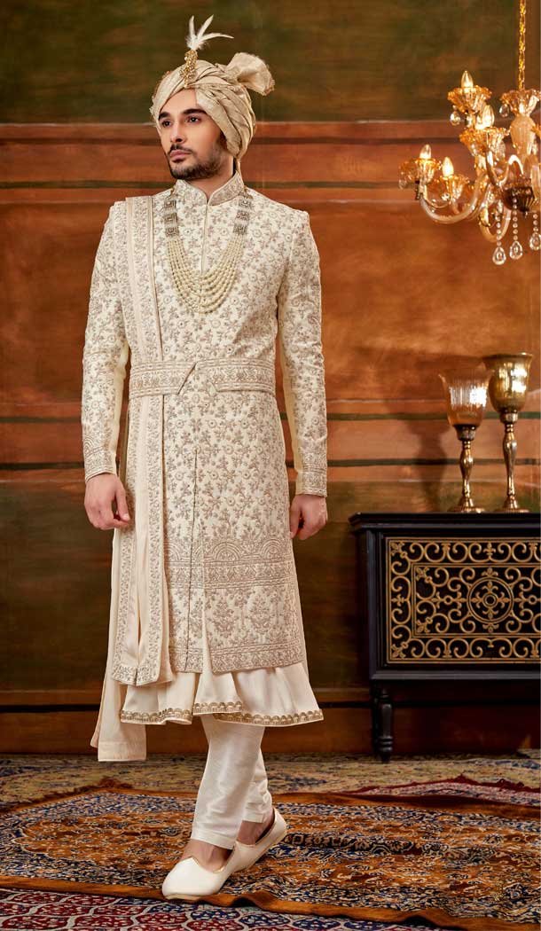 Cream Color Art Silk Weaving Work Wedding Wear Plus Size Men's Sherwani -4677156622