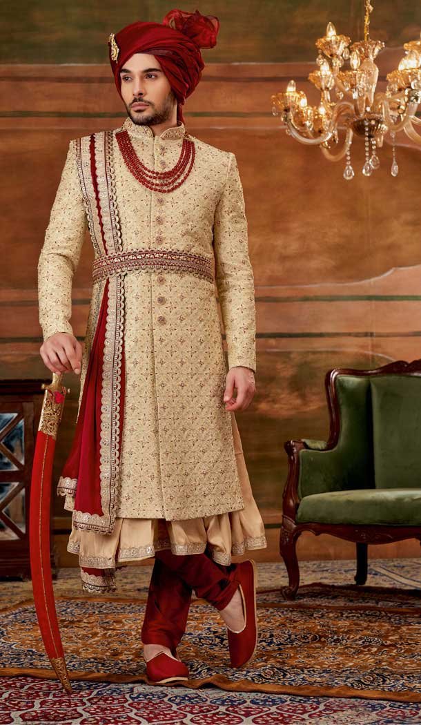 Art Silk Gold Color Embroidery Work Wedding Wear Plus Size Men's Sherwani -4677156626