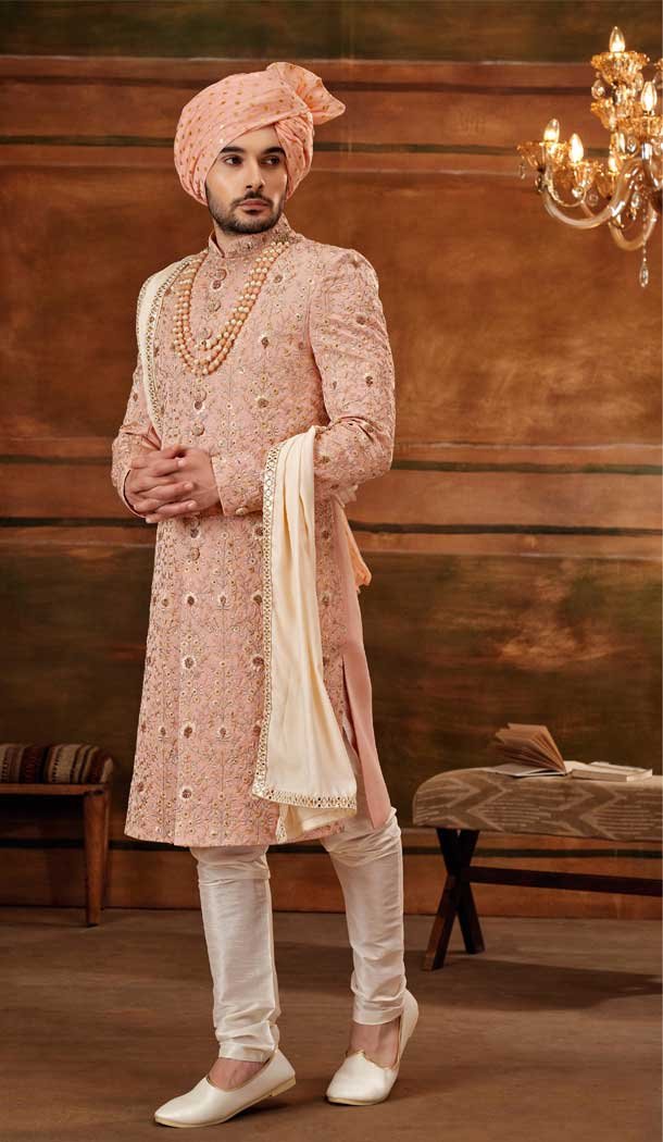 Light Onion Color Art Silk Weaving Work Wedding Wear Plus Size Men's Sherwani -4677156648