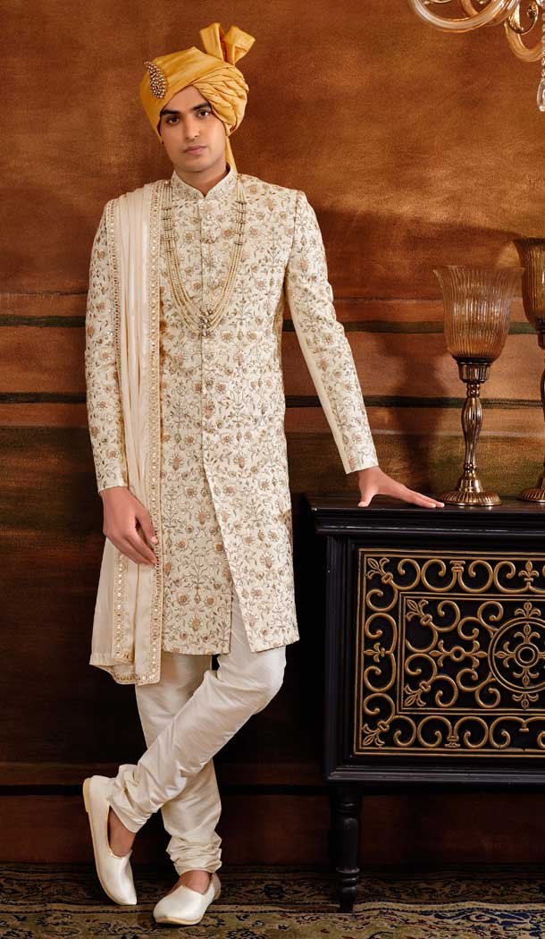 Art Silk Captivating Cream Color Weaving Wedding Wear Plus Size Men's Sherwani -4677156649