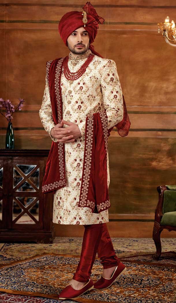 Art Silk Embroidery Work Wedding Wear Plus Size Men's Sherwani In Cream Color -4677156650