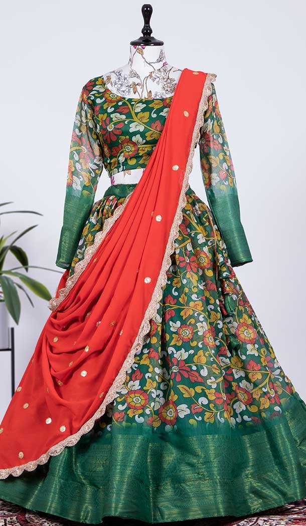 Green Color Soft Cotton Printed Work Party Function Wear Lehenga Choli -4705156868