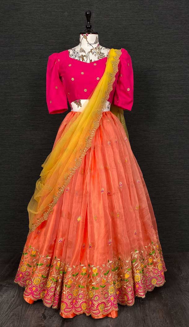Orange Color Organza Embroidery Cut And Stone Work Party Function Wear Lehenga Choli -4705156877