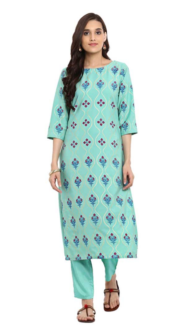 Blue Color Crepe Foil Print Work Casual Wear Kurti With Pant -4692156738
