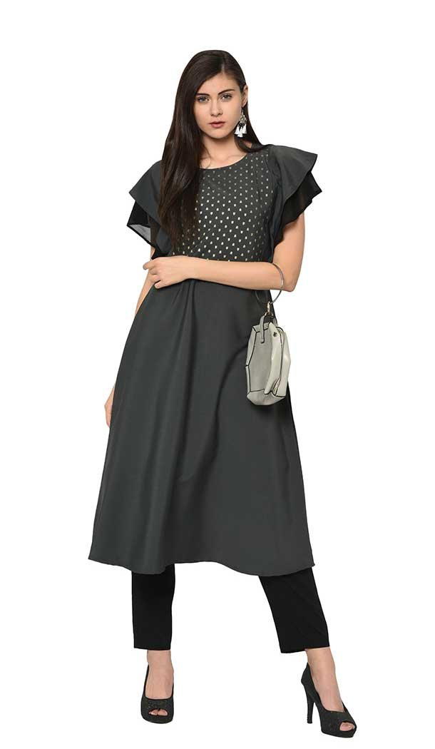 Dark Grey Color Crepe Foil Print Work Casual Wear Kurti With Pant -4692156739