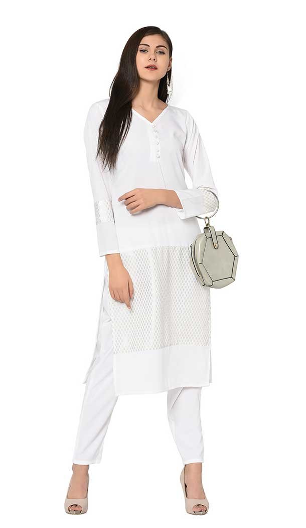 White Color Crepe Foil Print Work Casual Wear Kurti With Pant -4692156740