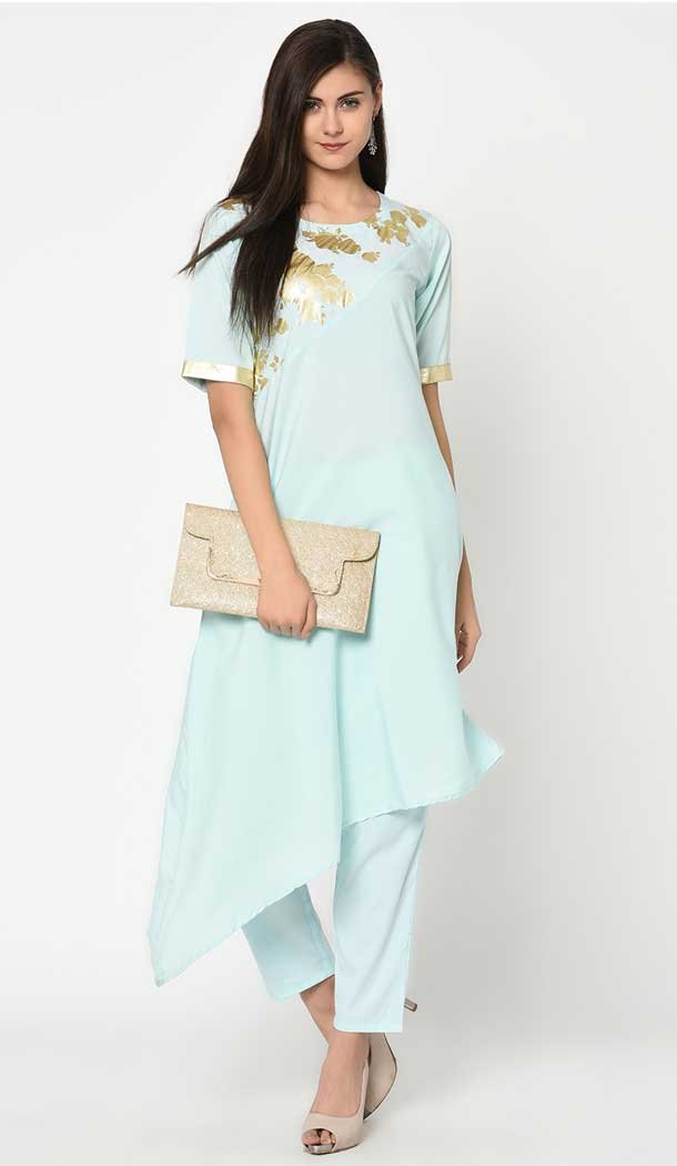 Sky Blue Color Crepe Foil Print Work Casual Wear Kurti With Pant -4692156741