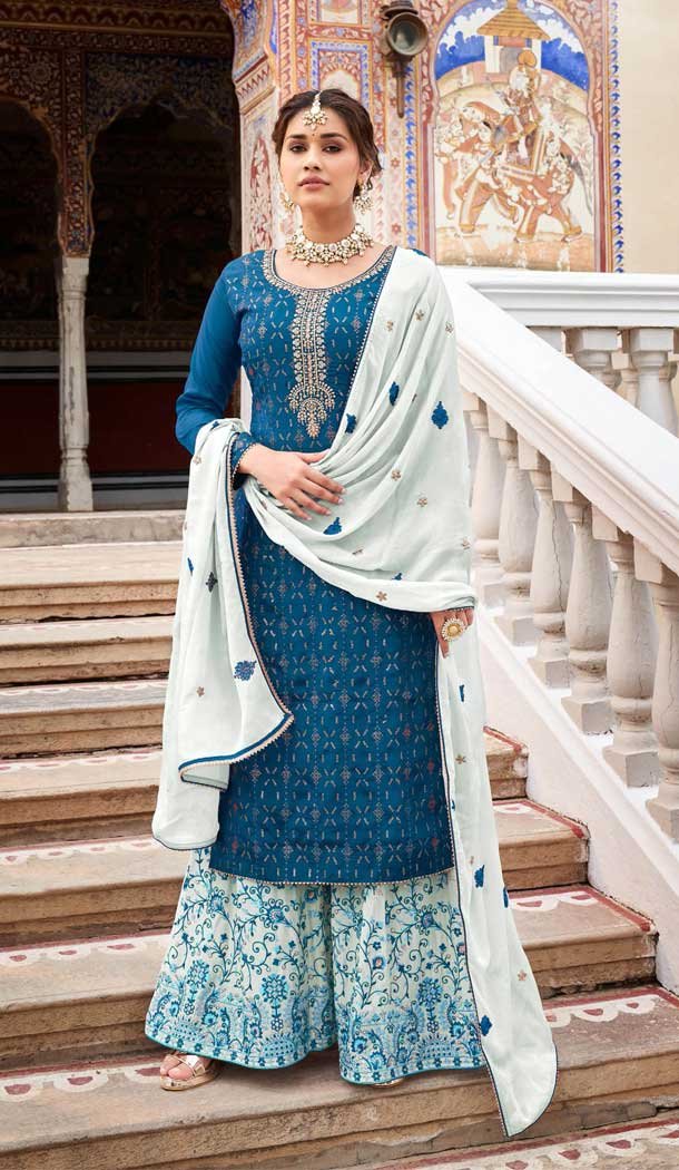 Heavy Chinon Thread Work Teal Blue Color Party Wear Palazzo Salwar Suit 4720156976 Heena Style