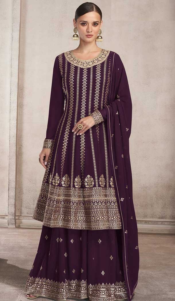 Fox Georgette Heavy Embroidery Work Palazzo Style Suits in Wine Color -4756157290