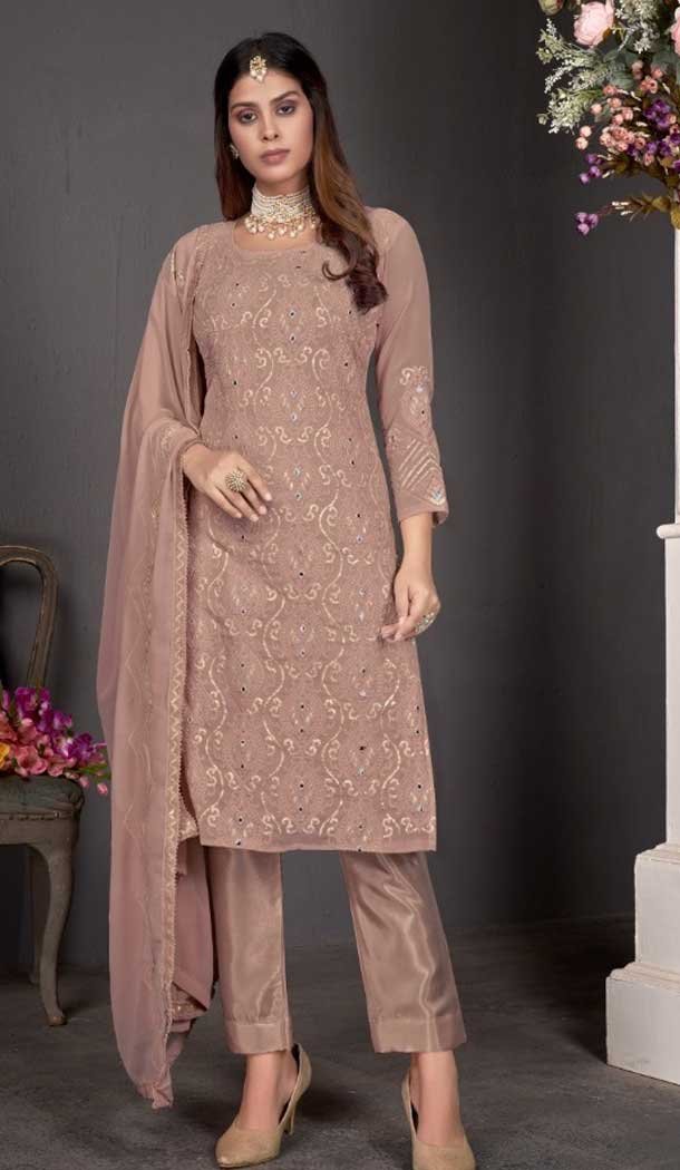 Alluring Beige Fox Georgette Embroidery Work Casual Office Party Wear Salwar Kameez -4774157400