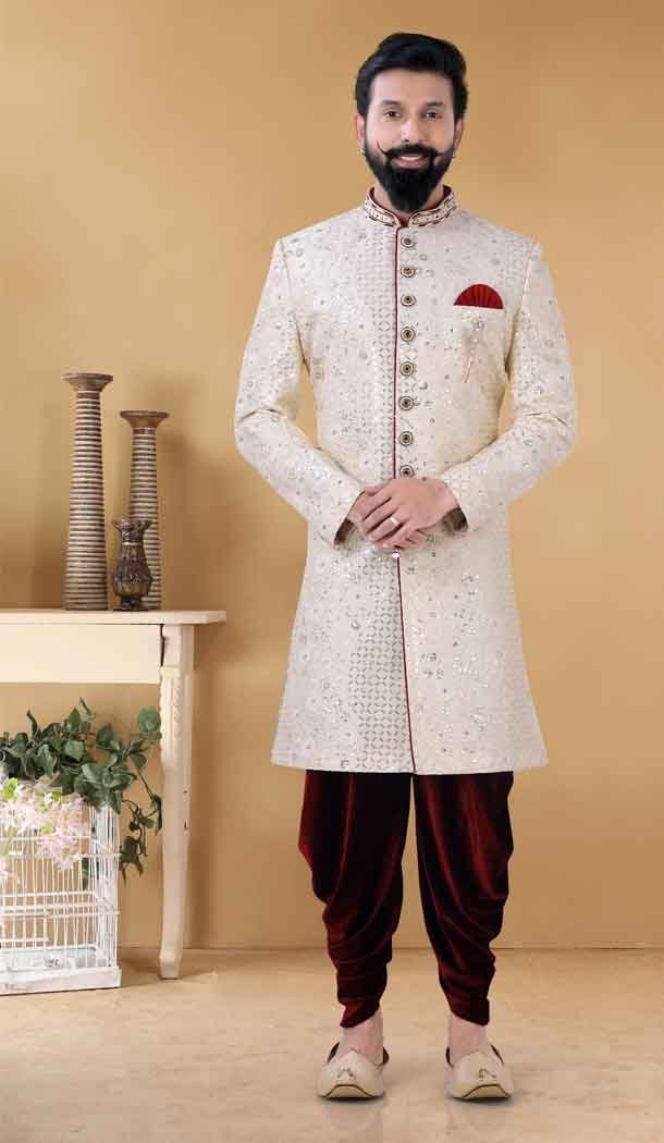 Art Silk Cream Color hand Work Designer Readmade Mens wear Sharwani -4840157954