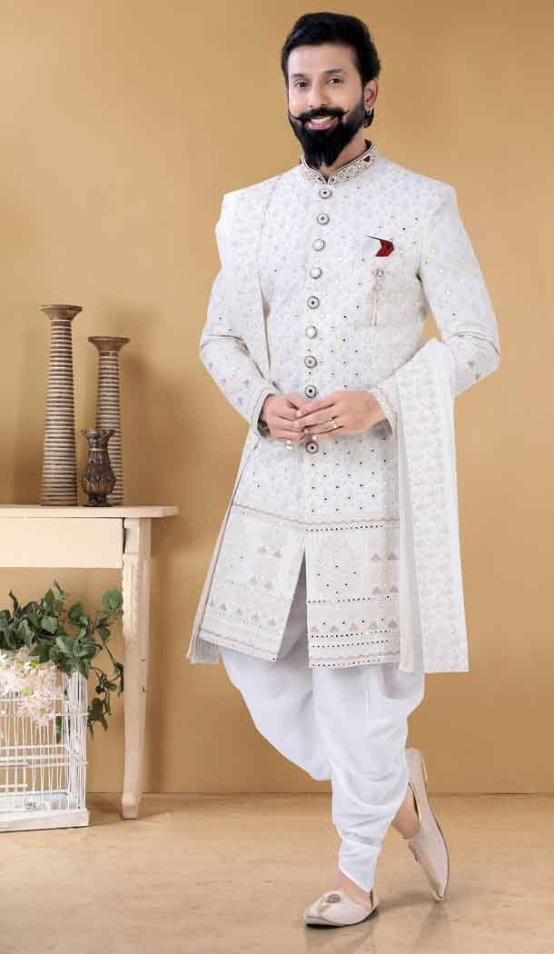 Art Silk Cream Color Hand Work Designer Readmade Mens wear Sharwani -4840157960