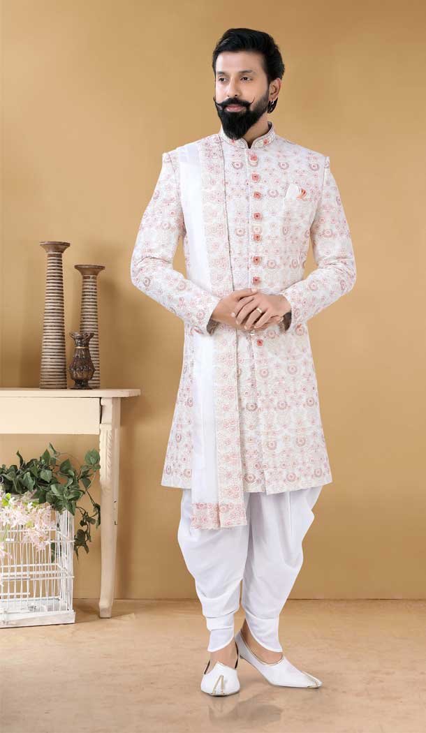 Cream Color Art Silk Embroidery Work Designer Readmade Mens wear Sharwani -4840157964