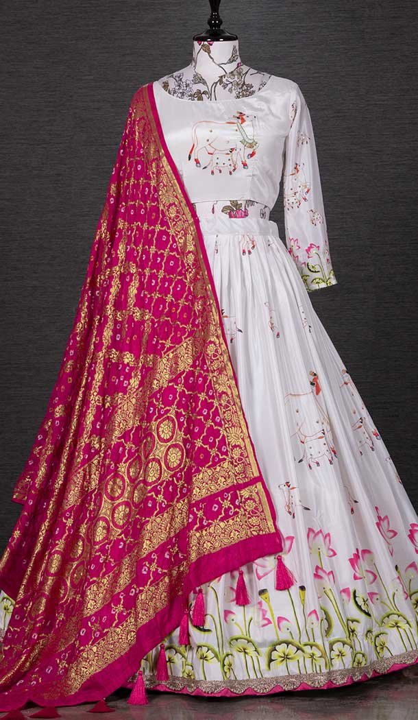 Exotic Printed With Gota Work White Color Silk Traditional Wear Lehenga Choli -4849158029