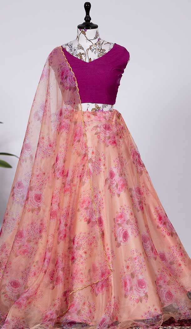 Elegant Peach Color Organza Floral Print Work Traditional Wear Lehenga Choli -4849158032