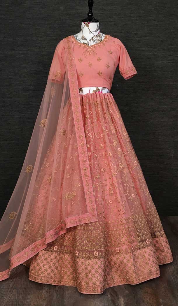 Captivating Peach Color Net Embroidery Work Traditional Wear Lehenga Choli -4849158034