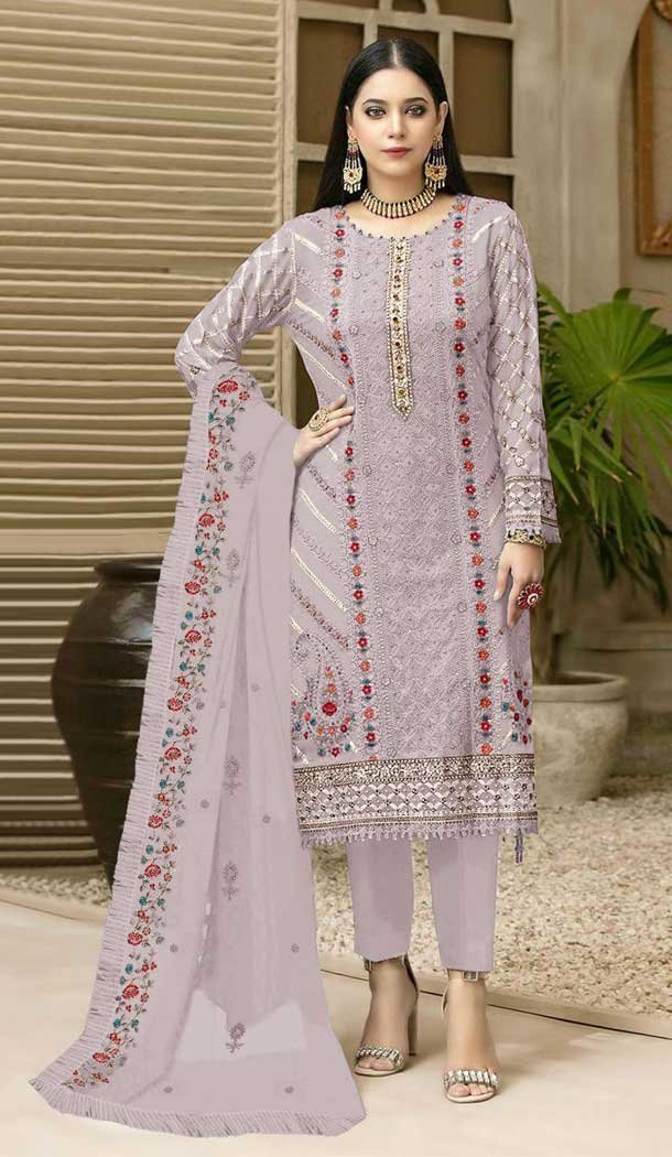 Fancy Light Purple Color Embroidery Work Fox Georgette Pakistani Style Salwar Suit - 4905158484