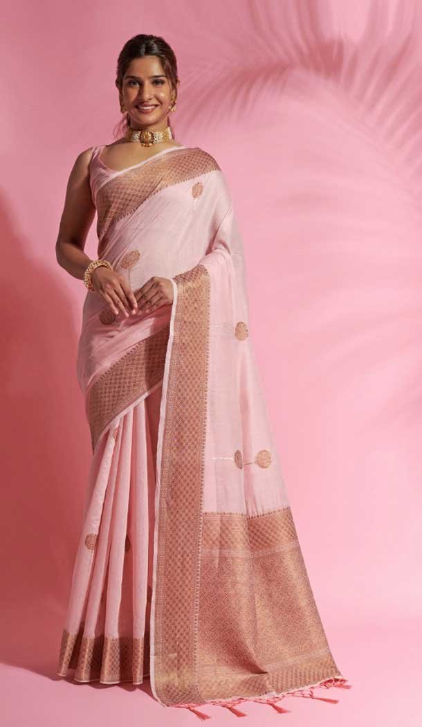 Light Pink Color Soft Cotton Weaving Work Party Wear Saree -4910158508