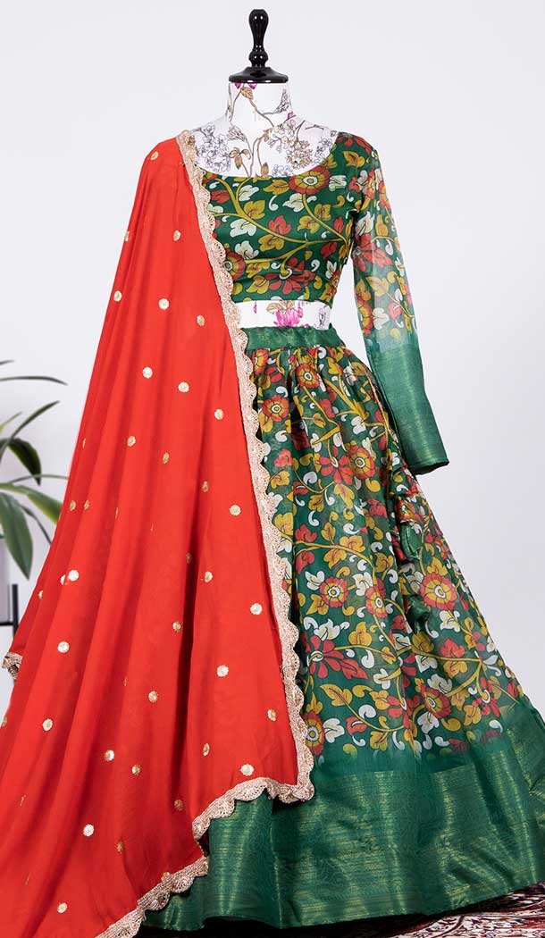 Aesthetic Green Color Printed Soft Cotton Wedding Wear Lehenga Choli -4898158423